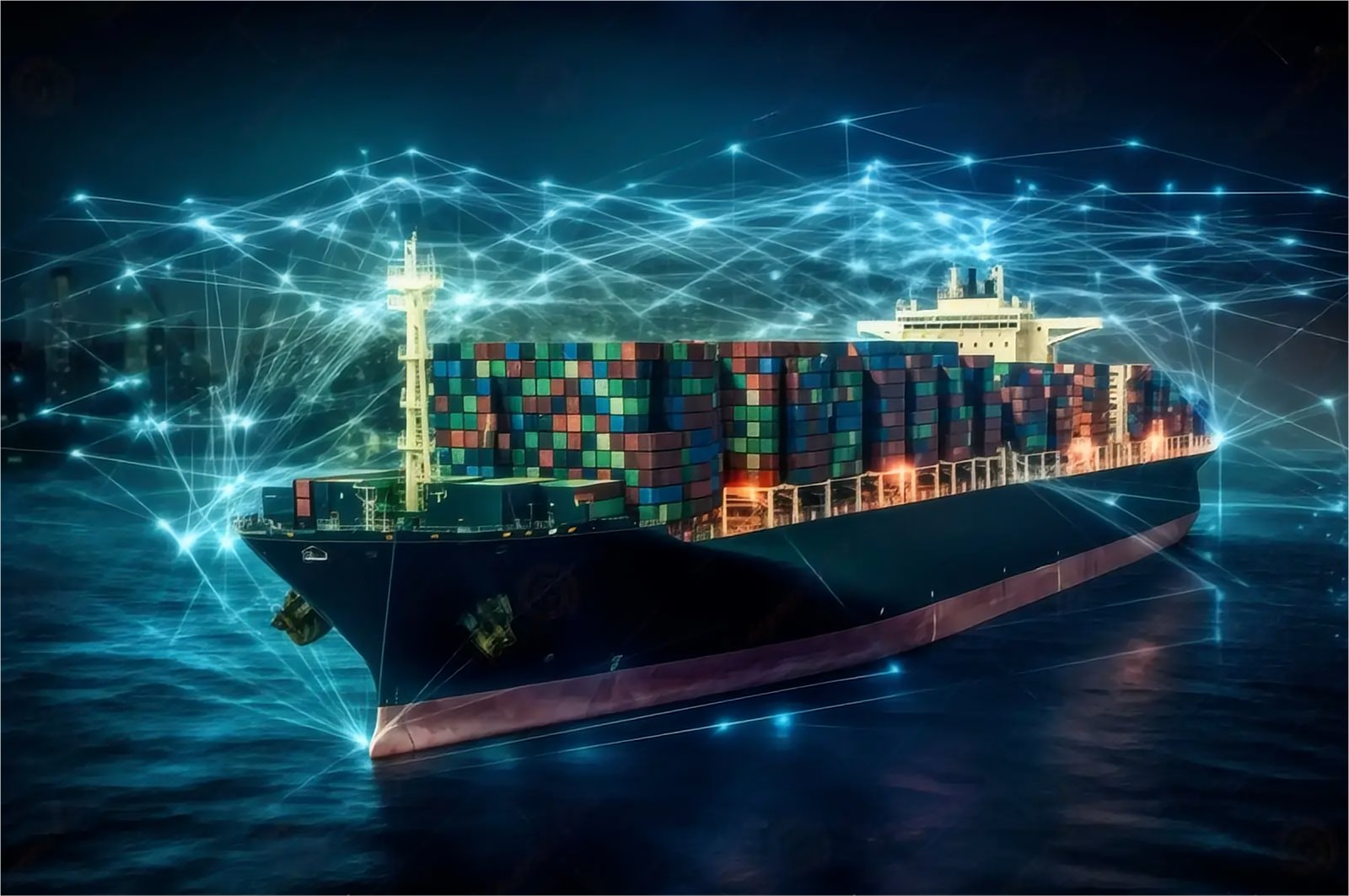 Container ship at a busy port in China