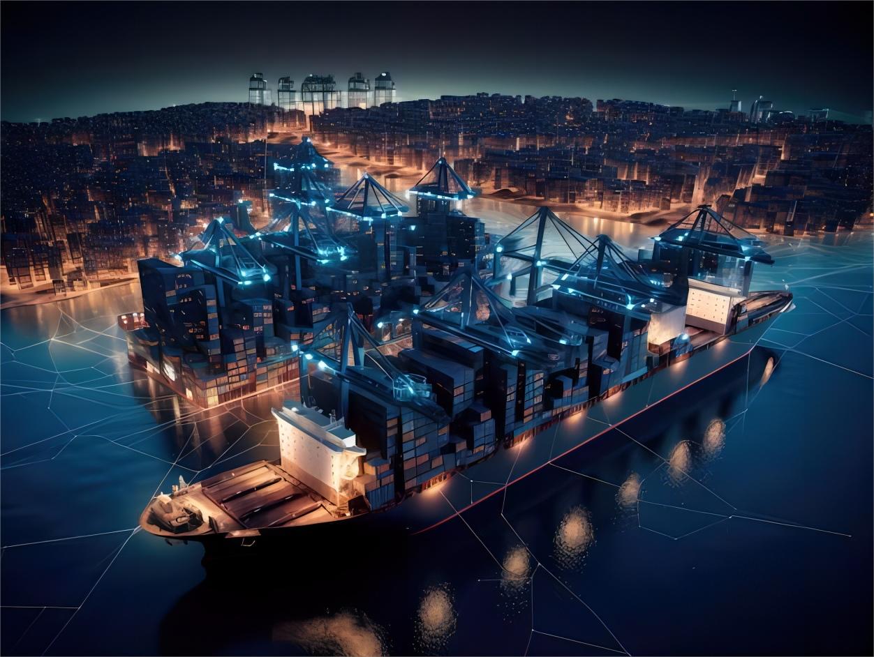 Container ship at a busy port in China