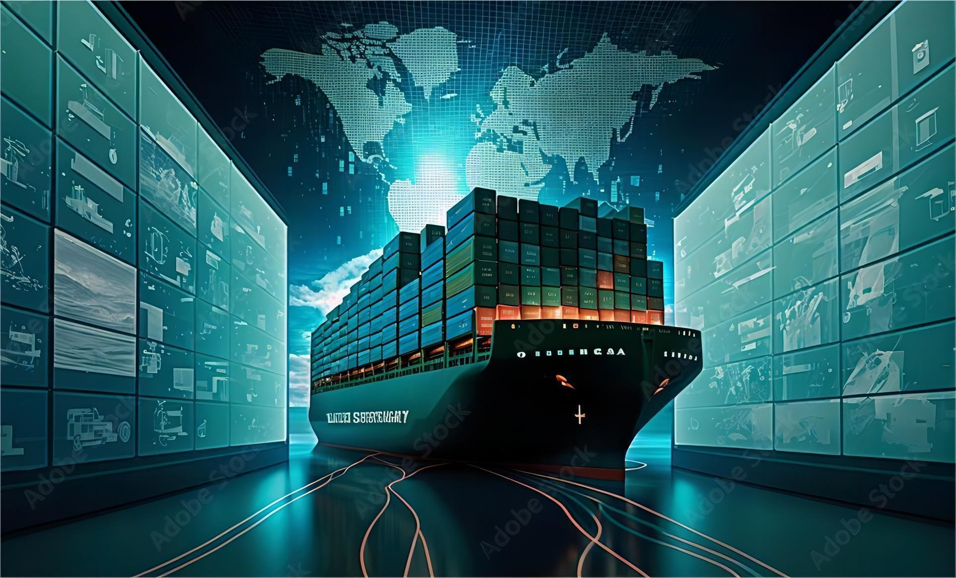 Cargo ship loaded with containers at a busy port